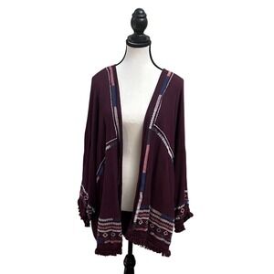 Knox‎ Rose Women's Size L Kimono Cardigan Open Front Embroidered Fringe Maroon